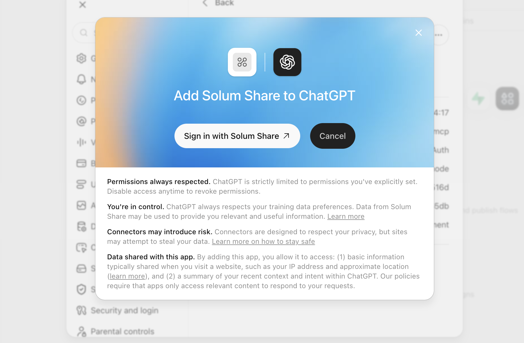 ChatGPT authorization screen with the Sign in with Solum Share button.