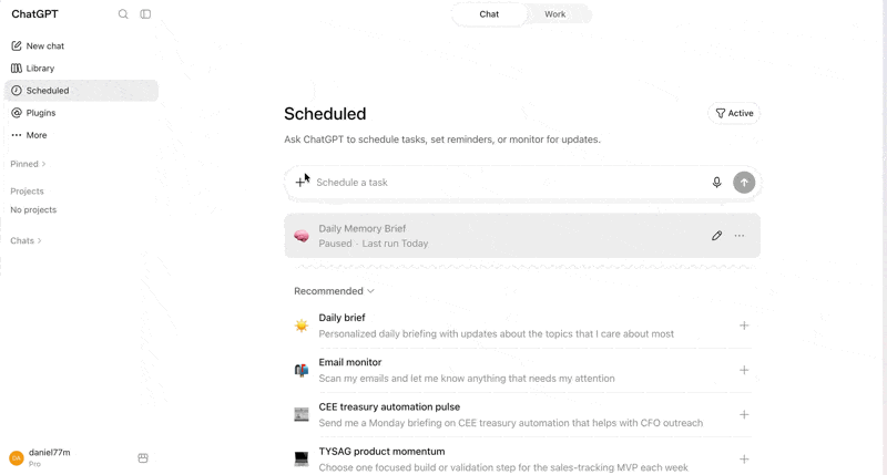 Opening Scheduled in ChatGPT, creating a task, and pasting a prompt.